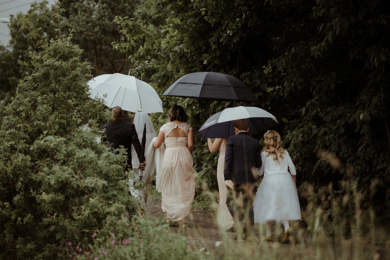 Wedding party walking along a wooded path carrying umbrellas on a rainy day at Villa Malla in Norway.