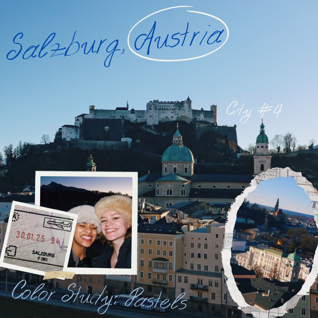 Historic cityscape of Salzburg Austria showing Hohensalzburg Castle perched on a hill above baroque church domes and buildings.
