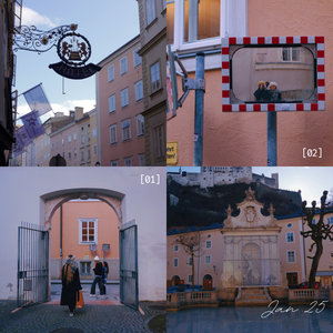 Historic streets of Salzburg showcasing ornate signage, arched passageways, and a decorative fountain in a quaint courtyard.