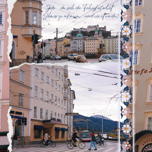 A vintage-style urban scene in Salzburg with historic buildings, bicycles, and the Hohensalzburg Fortress visible in background.