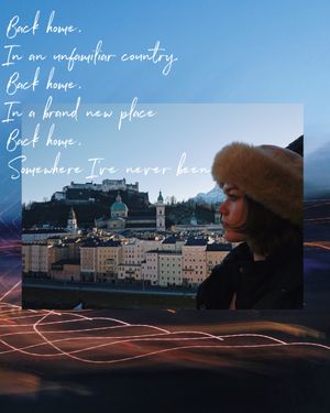 Travel quote overlay on scenic view of historic European cityscape with domed buildings and towers at dusk.
