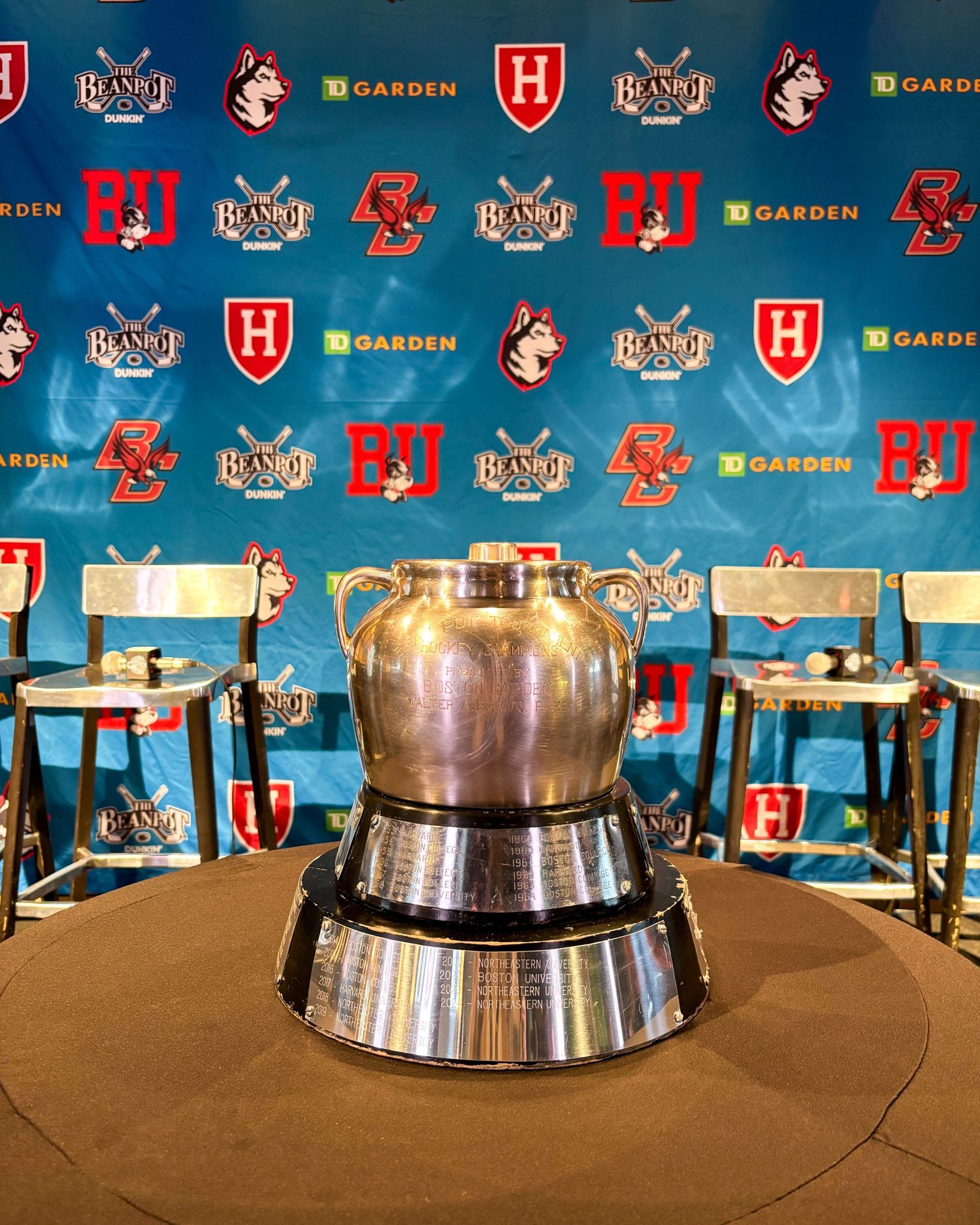 A silver trophy or award cup sits on display against a blue backdrop with repeated team logos and sports branding elements.