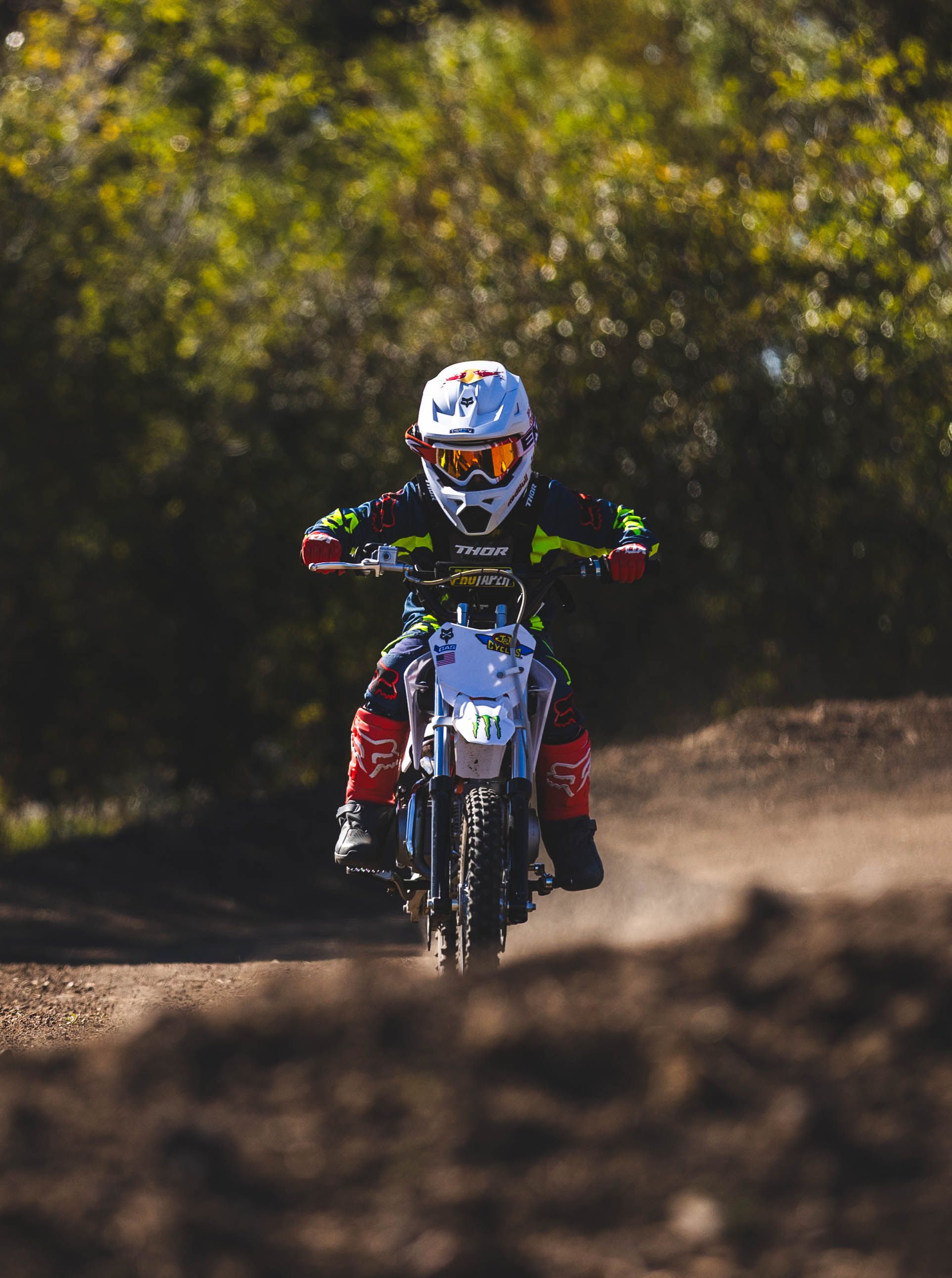 Motocross rider on dirt bike kicks up dust while navigating a dirt track in golden afternoon light.