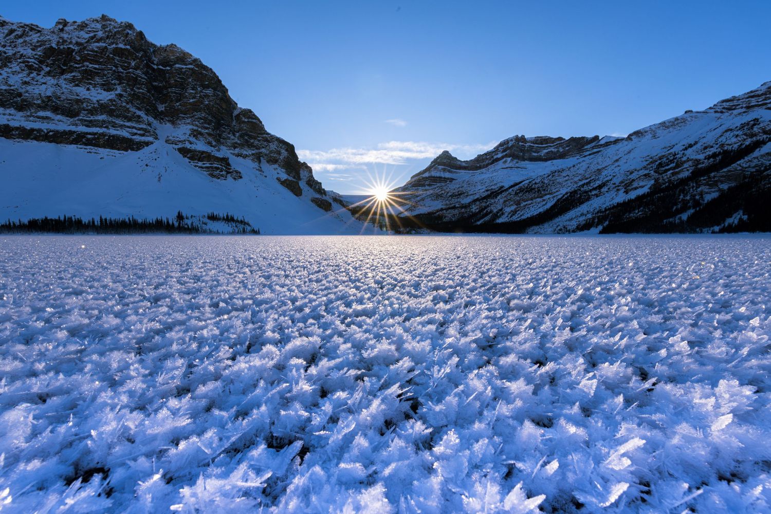 Bow Lake, Ice Flowers, Sunstar, in Banff National Park, Alberta, Canada