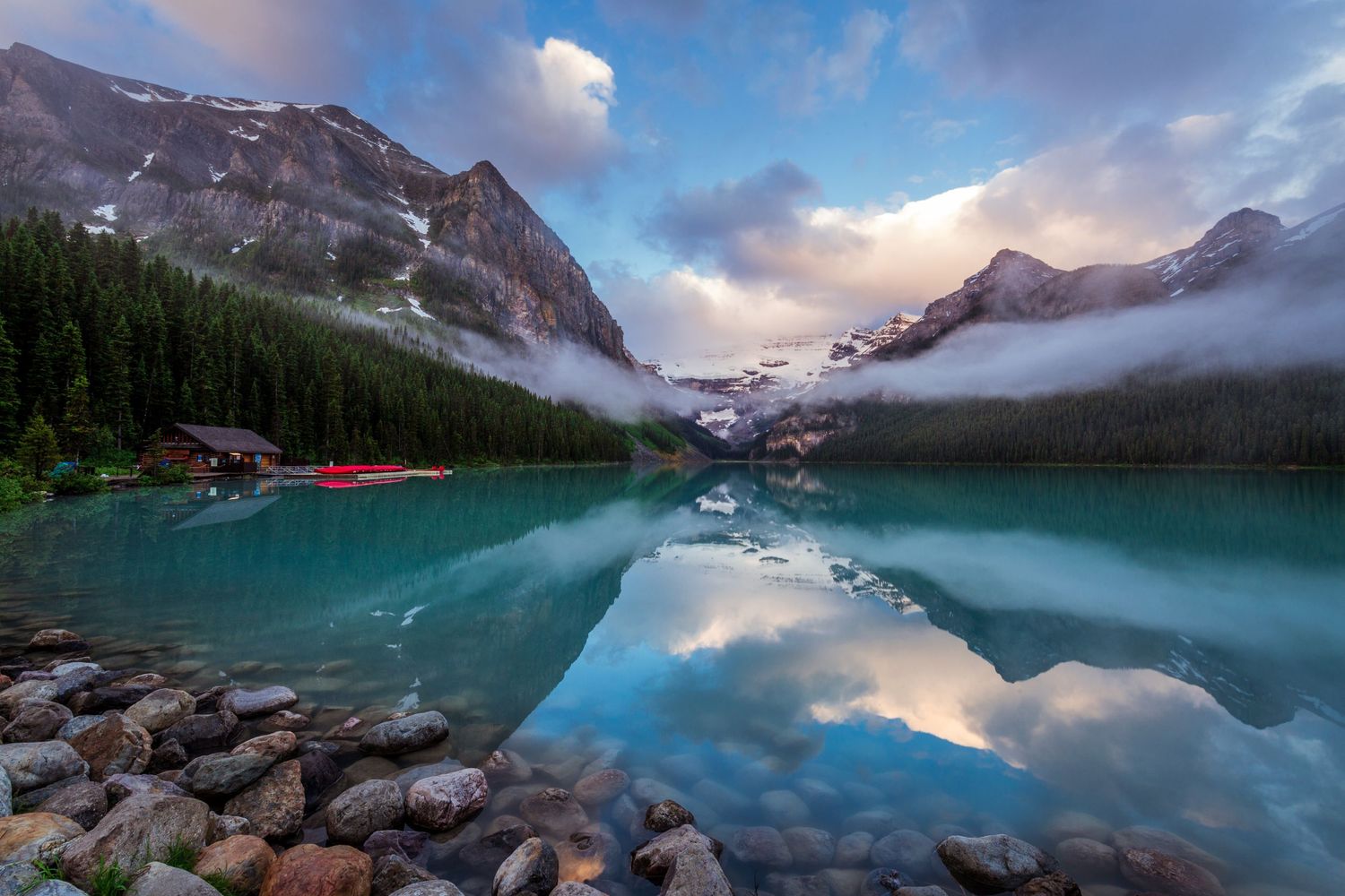 Lake Louise, Boathouse, a misty morning in Banff National Park, sunrise morning