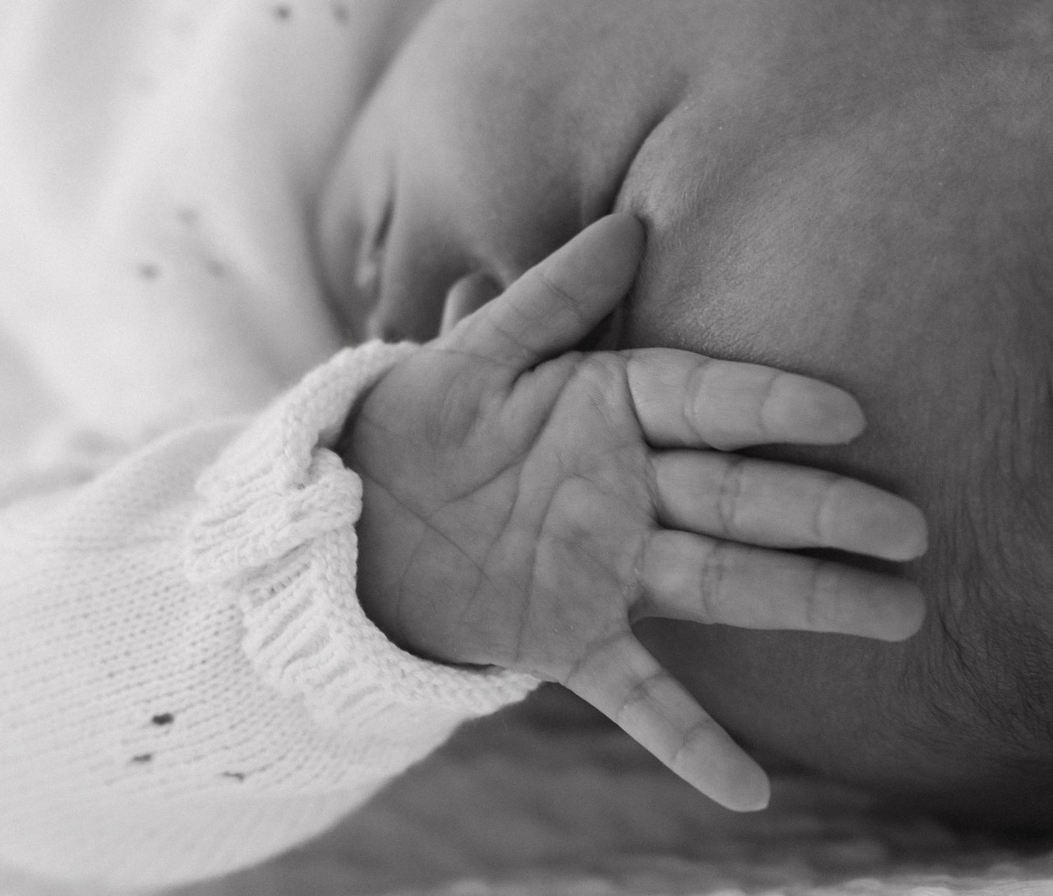 Black and white close-up images of a newborn's tiny hands and fingers against soft fabric textures.