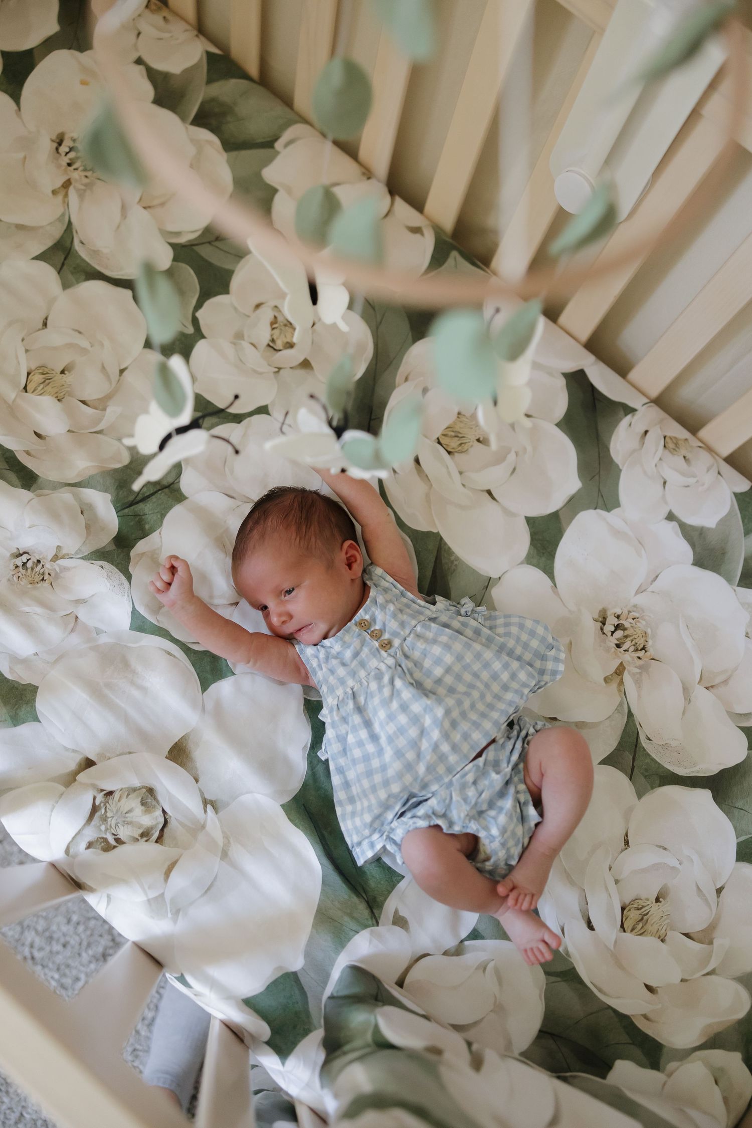 Sleeping baby in blue gingham outfit surrounded by delicate white orchids and soft floral backdrop.