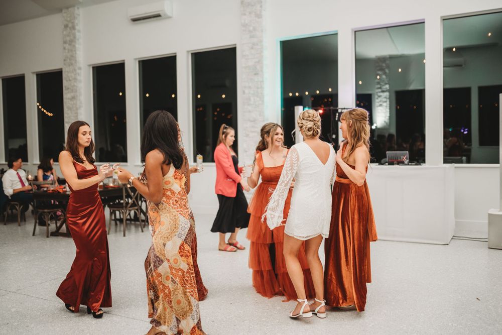 Wedding guests dancing and celebrating in formal attire at an evening reception.