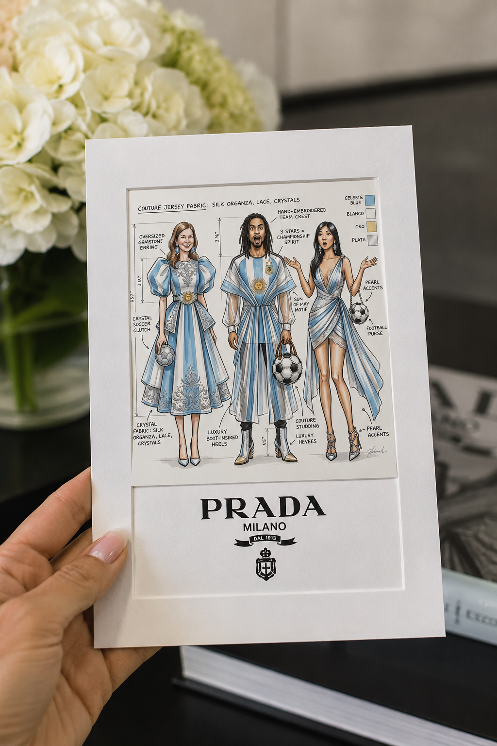 A hand holds a Prada Milano fashion illustration card featuring three stylized figures in blue and white outfits with a soccer ball.