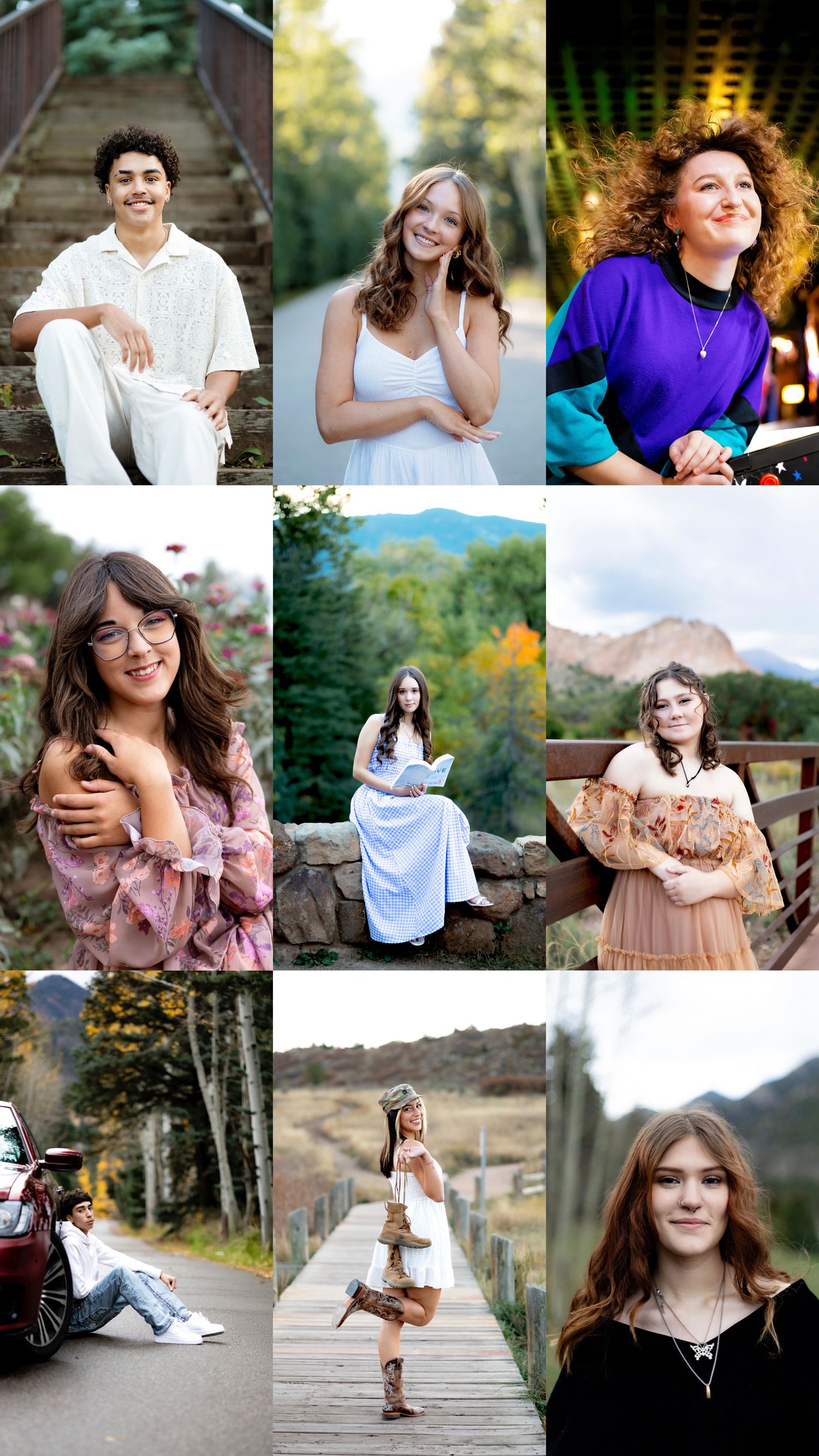 A collage of nine senior portrait photos featuring young adults posed in scenic outdoor locations including mountains, forests, and bridges.