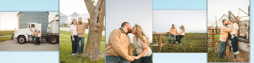 Collage of a couple posing near a farm truck, trees, and rustic gates during a country engagement session.