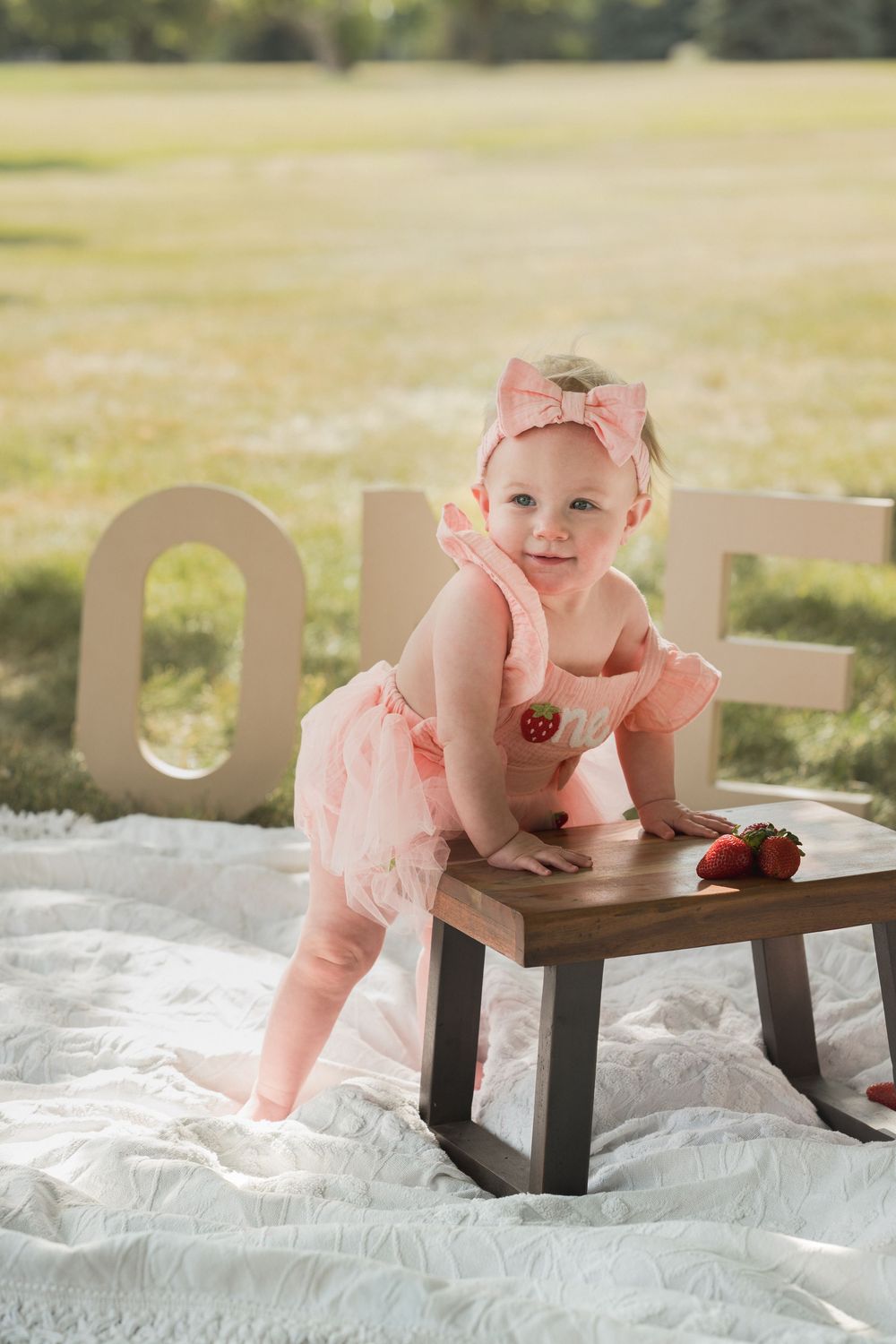 One-year-old girl standing outdoors in a pink dress during her first birthday portrait session.
