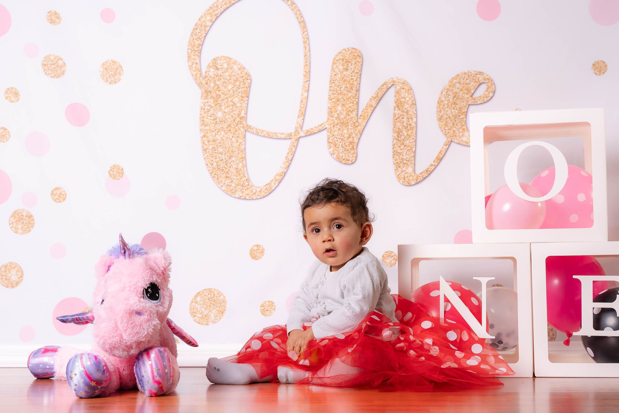 Baby girl in red tutu sits beside unicorn plush toy at One-themed first birthday photo shoot.