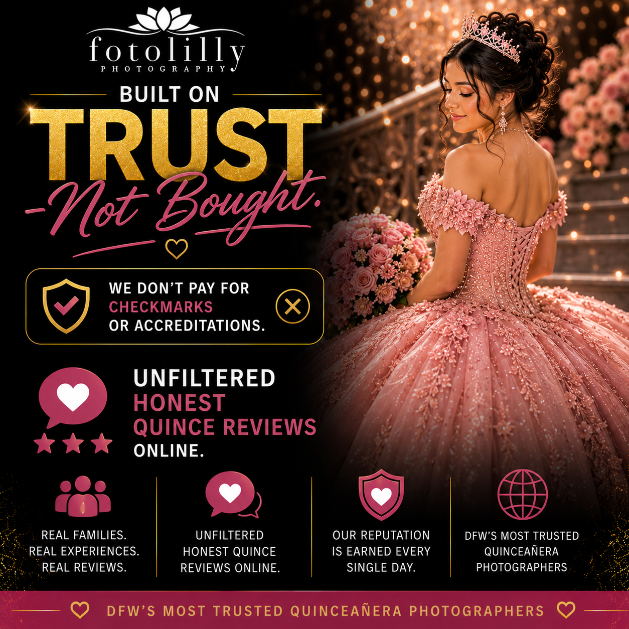 Elegant Quinceañera portrait representing trust authenticity and real Quince photography experiences in Dallas Fort Worth