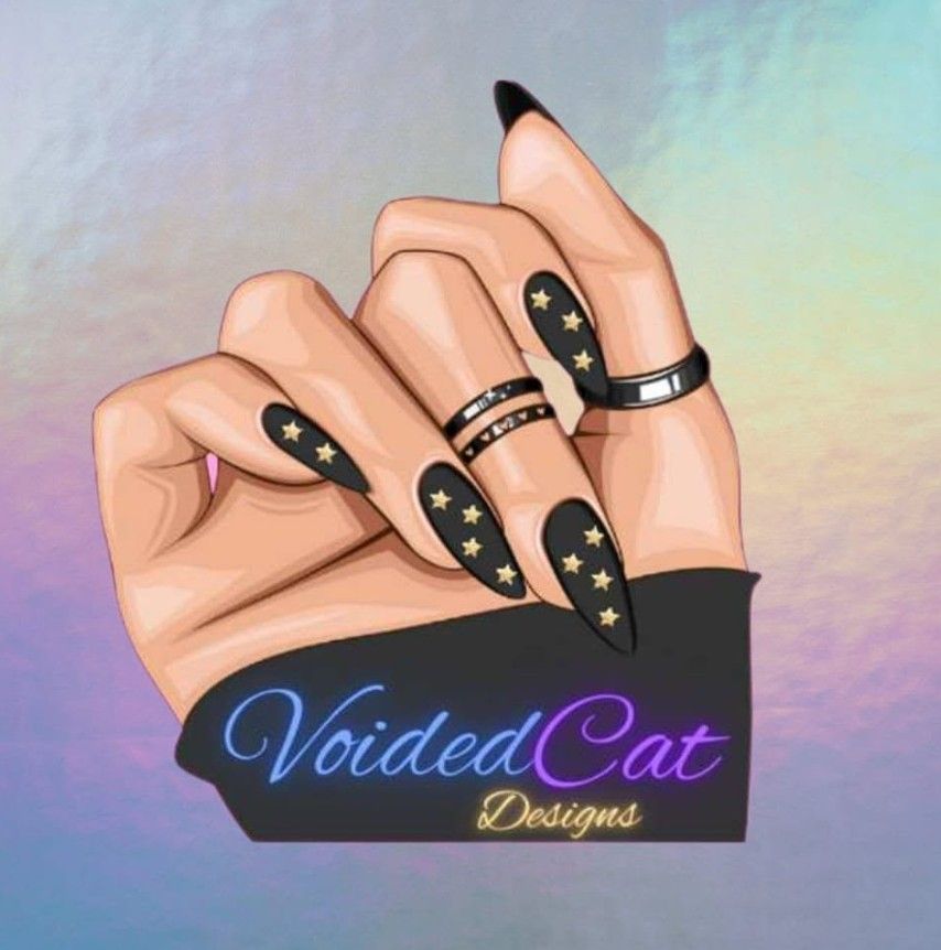 VoidedCat Designs logo featuring a hand with black stiletto nails adorned with gold stars and rings.