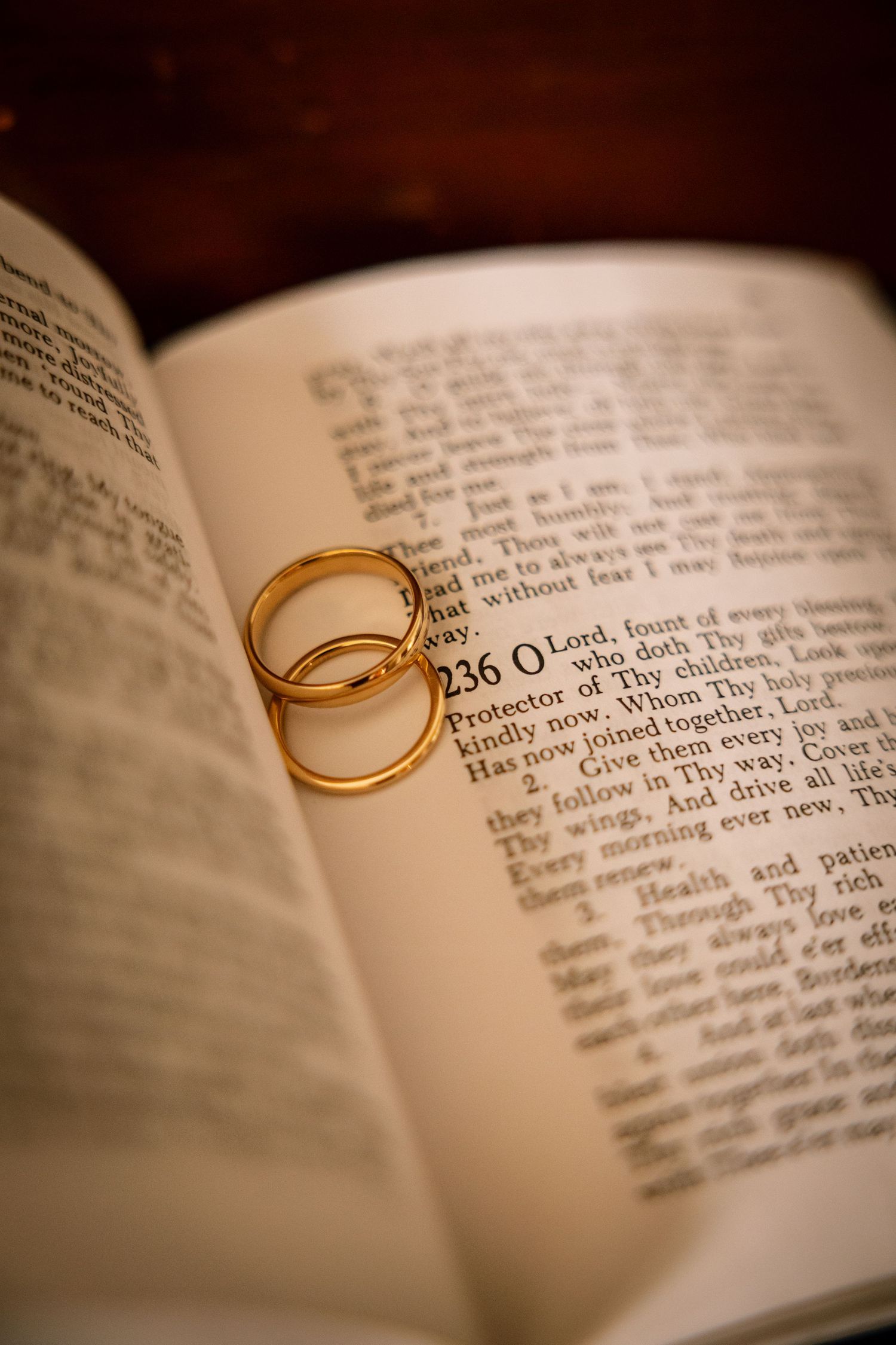 Two gold wedding rings resting on an open Bible, symbolizing Christian marriage vows and faith.