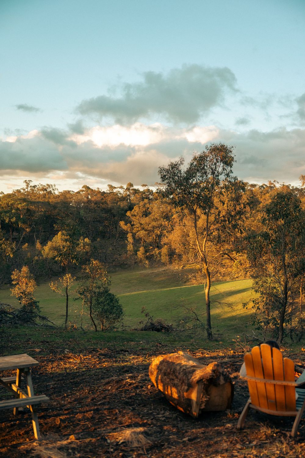 Tiny house accommodation photography featuring warm sunrise light and modern off-grid cabin design