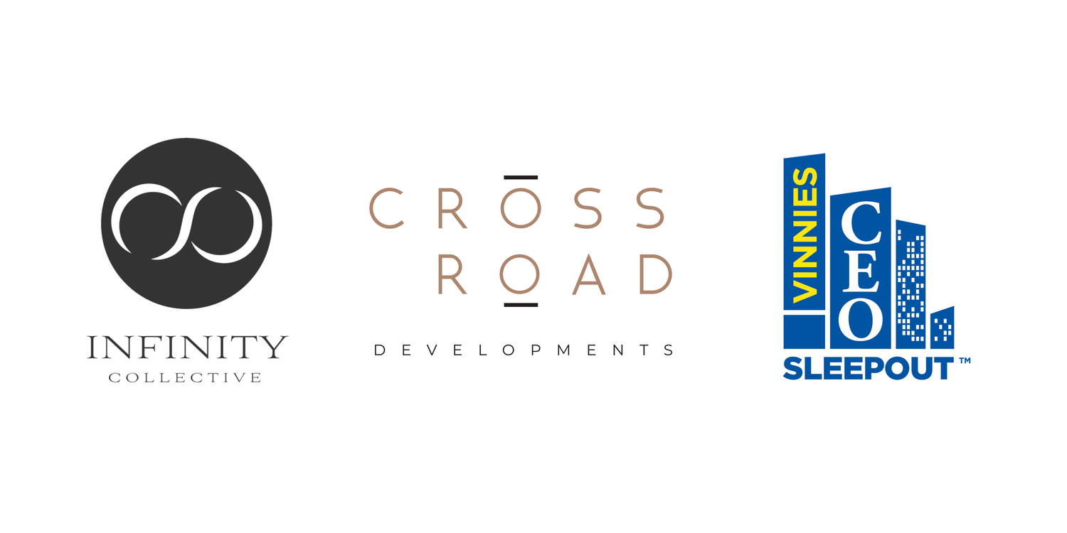 Logos of Infinity Collective, Cross Road Developments, and Vinnies CEO Sleepout on a white background.