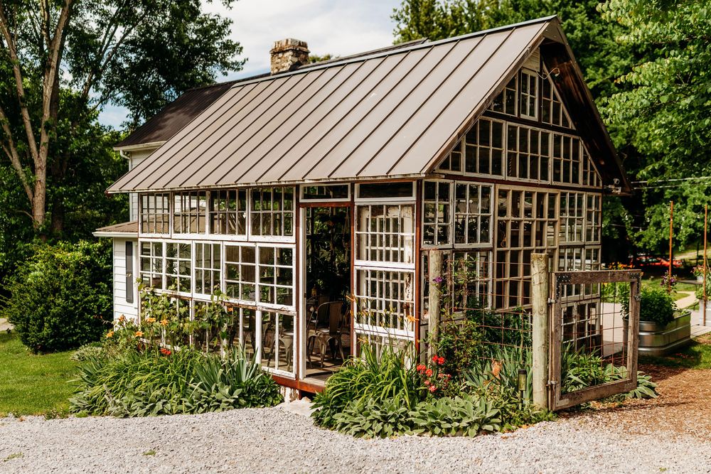 Charming greenhouse with vintage windows and metal roof surrounded by lush garden plants on a gravel path.