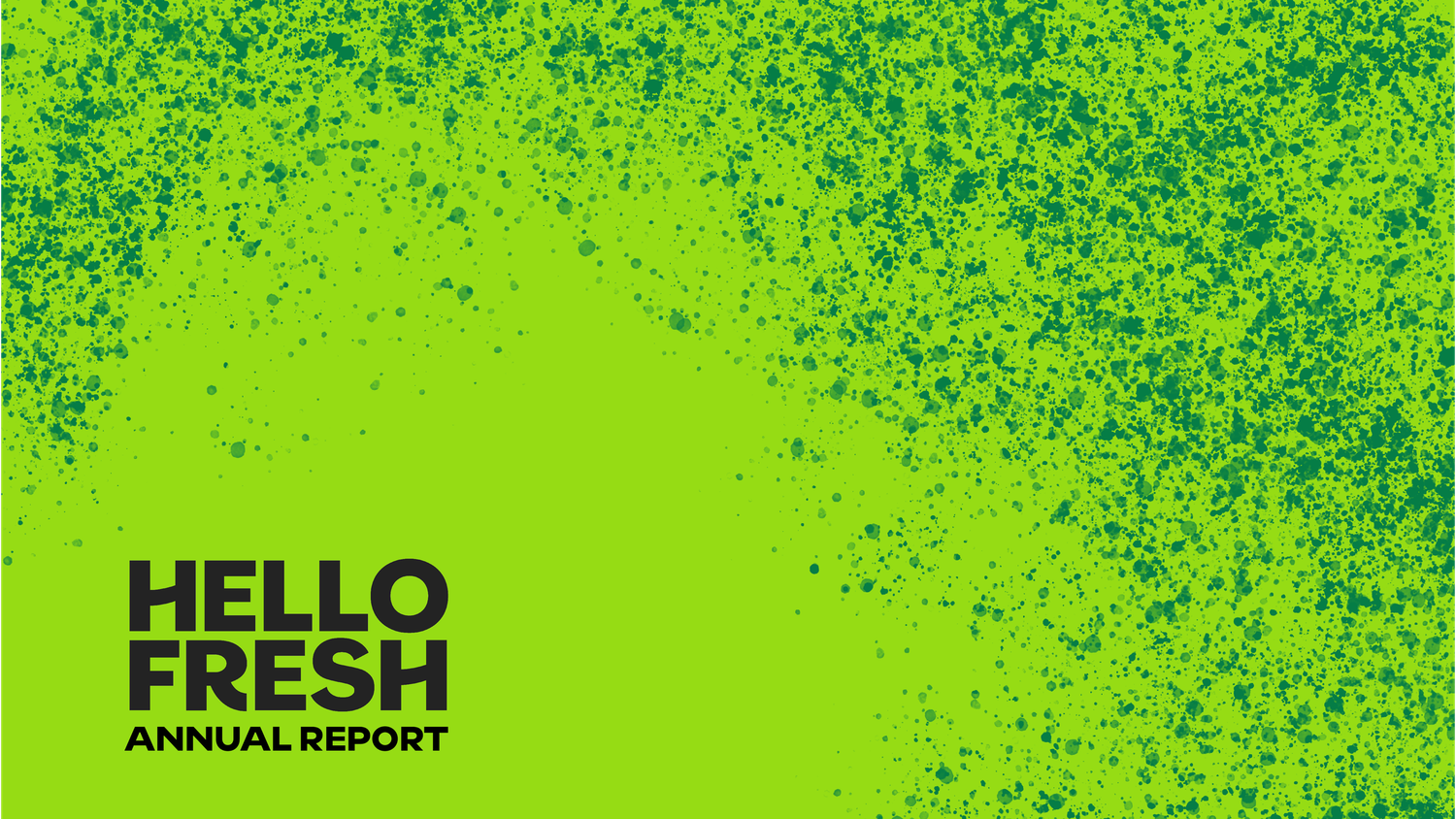 HelloFresh Annual Report cover with bold green background and scattered blue-green dot pattern texture design.