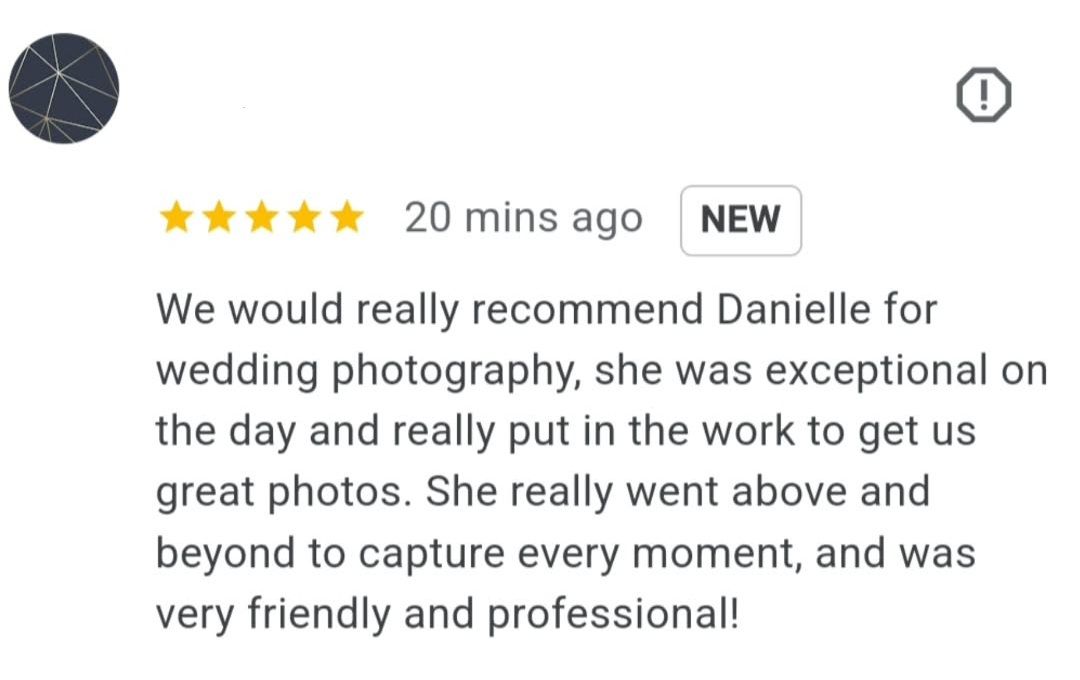 A screenshot of a positive customer review with 5 stars discussing their satisfaction with wedding photography services.
