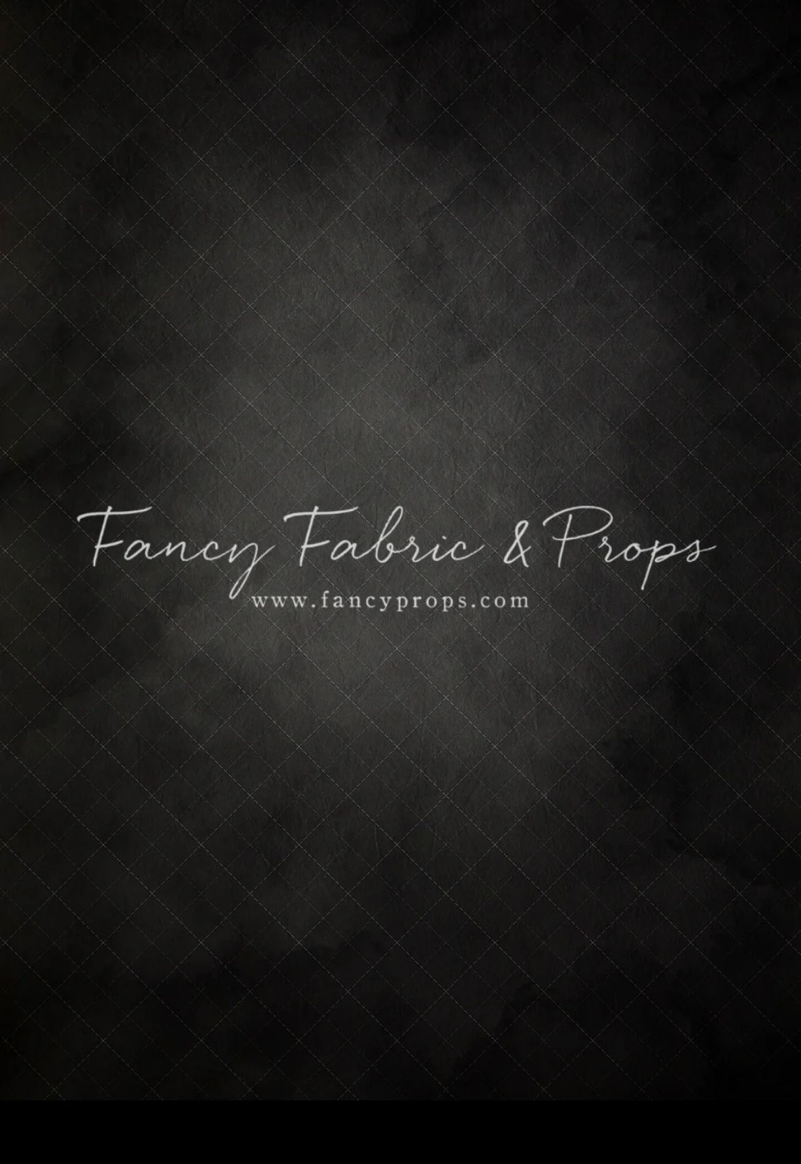 Elegant black textured background with cursive white text reading 'Fancy Fabric & Props' and website URL.