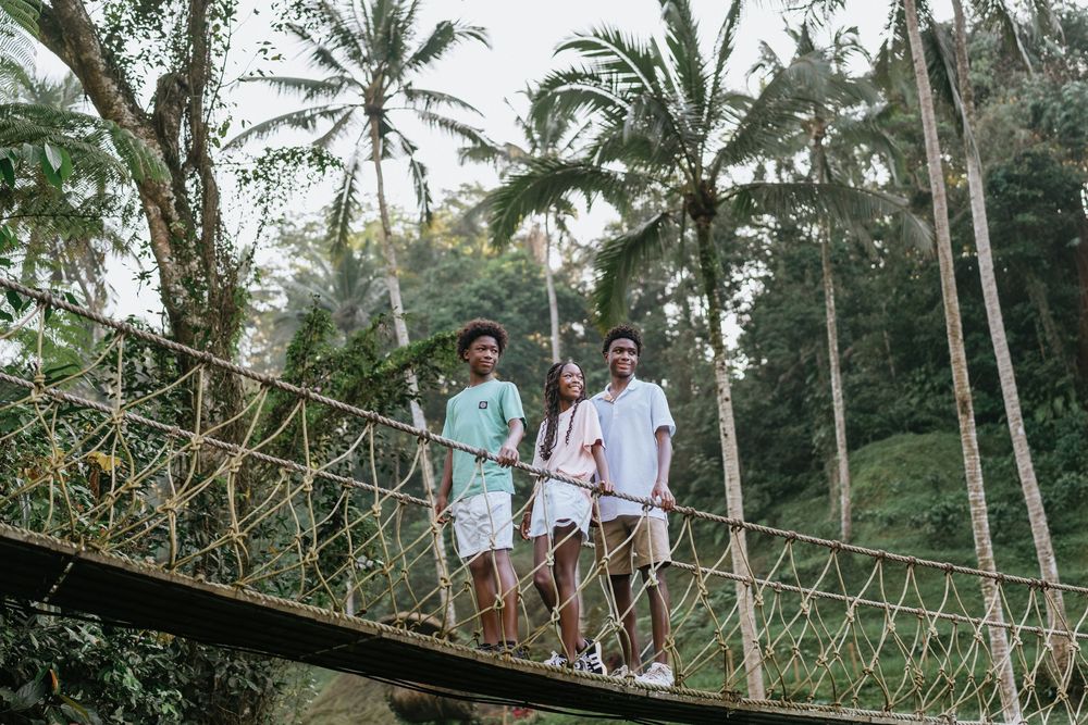 Group crossing wooden suspension bridge in tropical forest setting.