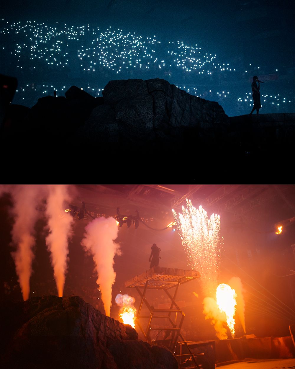 Fireworks and pyrotechnics illuminate a dark mountainous landscape against a starry night sky creating a dramatic display.