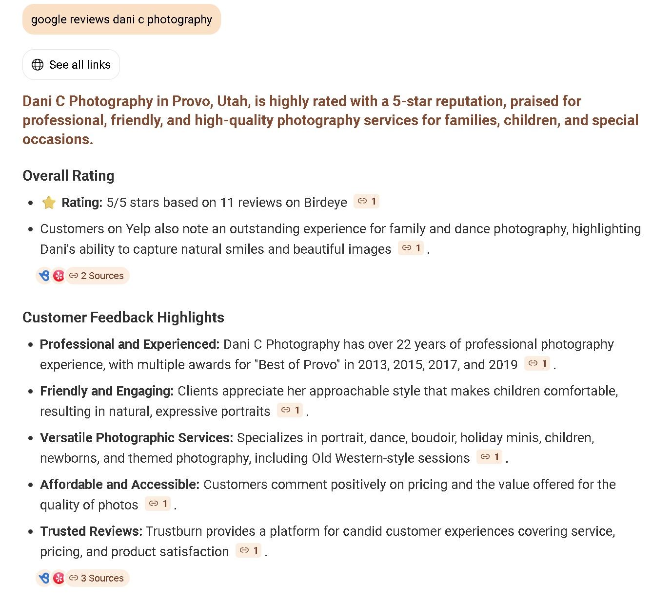 A Google review page showing positive customer feedback and ratings for a photography business.