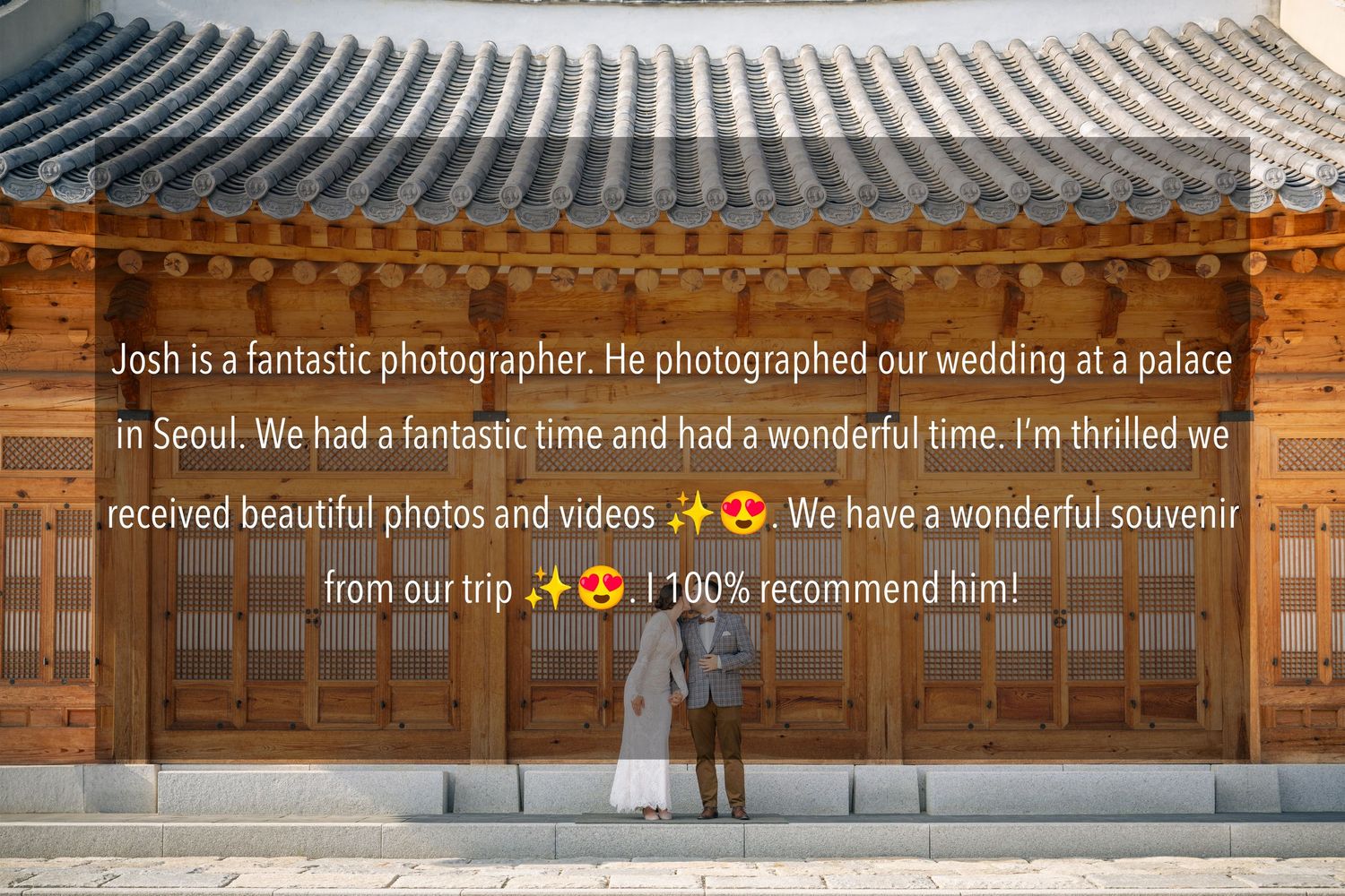 A testimonial review text overlaid on traditional Korean wooden architecture with tiled roof and wooden beams.