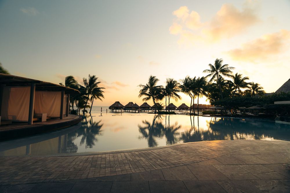 A series of tropical beach sunset photos showing palm trees and resort pools reflecting golden light on the water.