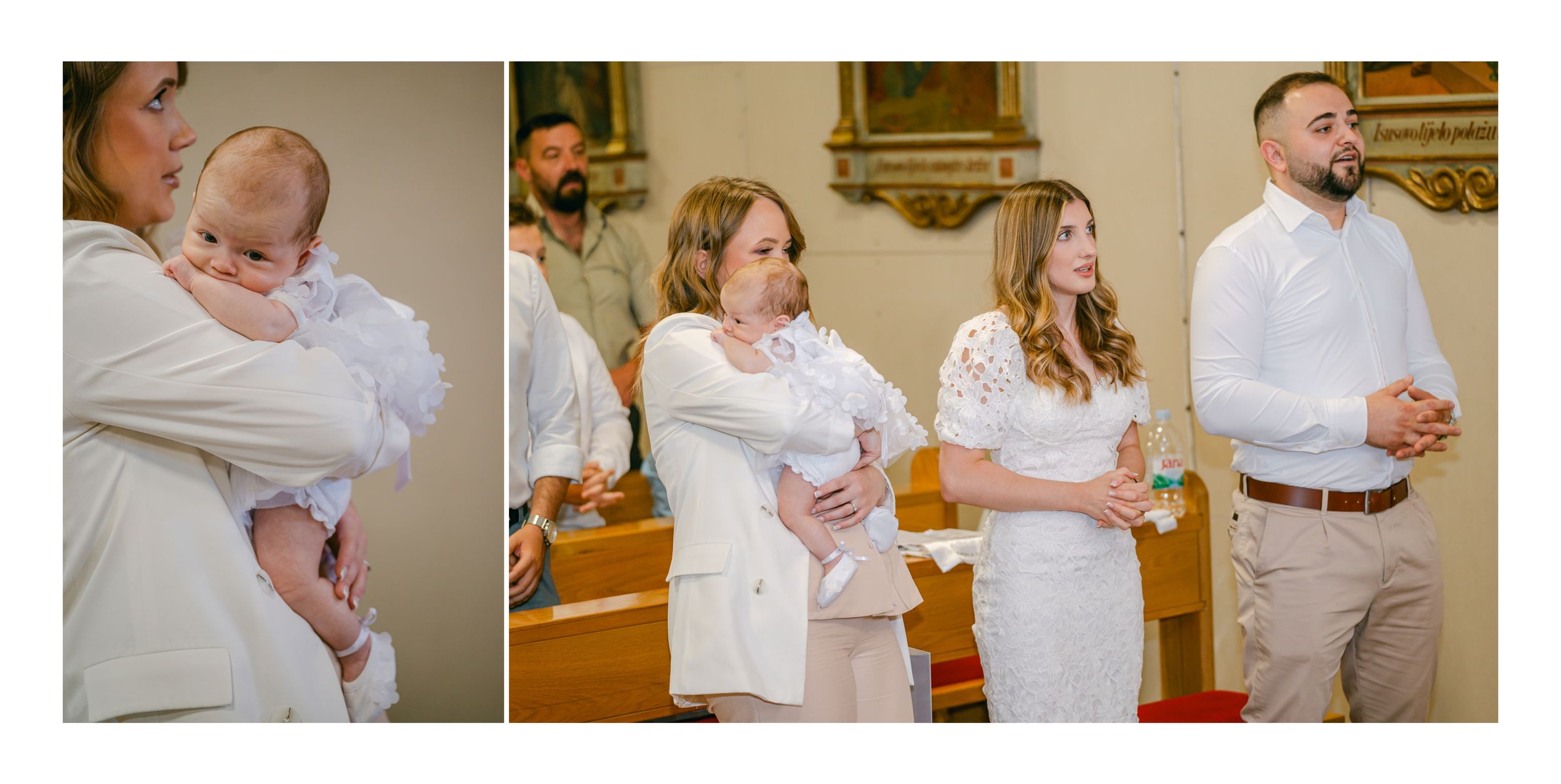 White wedding attire and matching style choices coordinate across the multiple candid moments at this celebratory event.