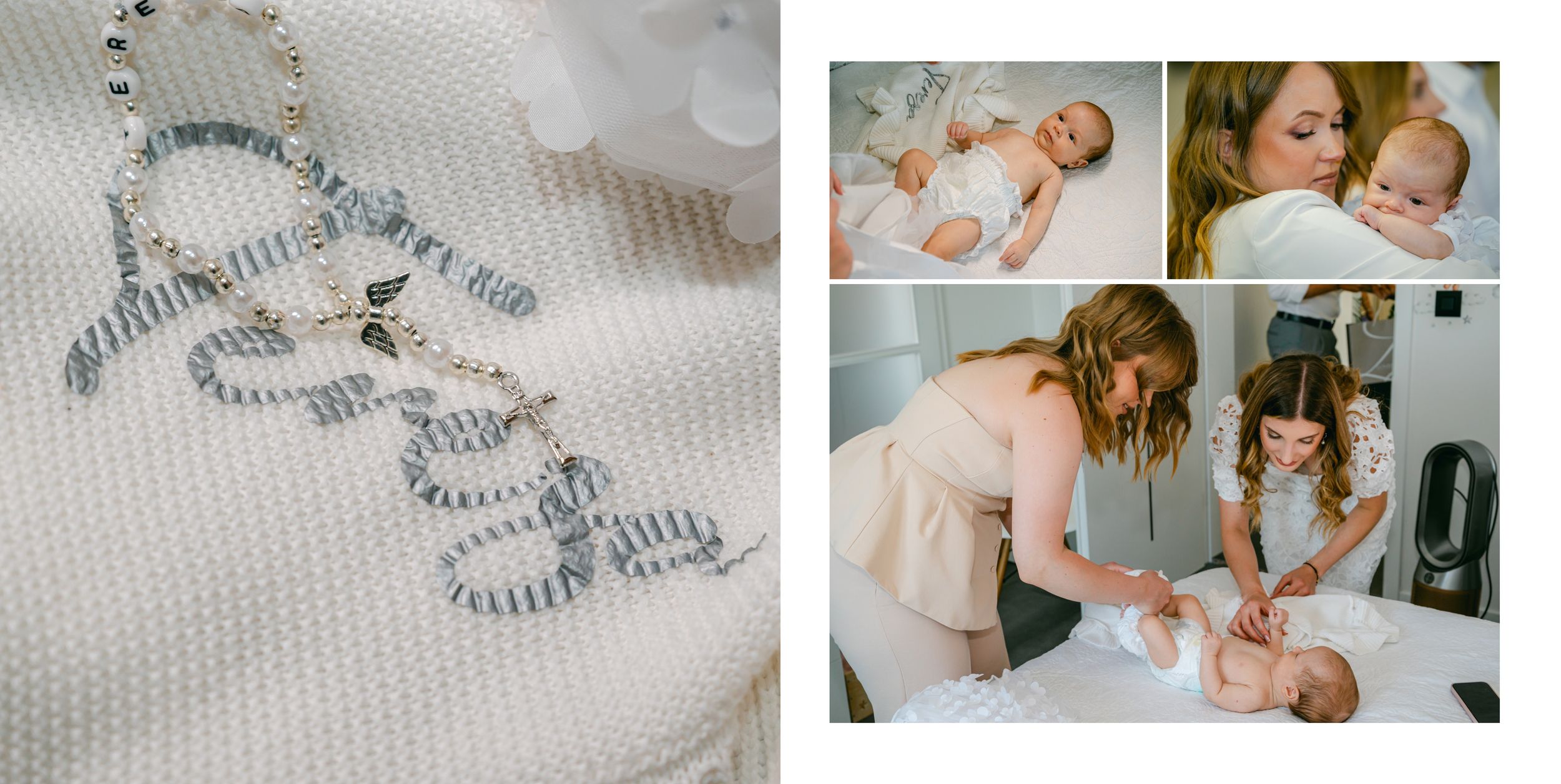 Three photos showing a precious infant care moment and a delicate silver necklace on white fabric.
