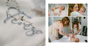 Three photos showing a precious infant care moment and a delicate silver necklace on white fabric.