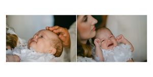 Two side-by-side photos show a small baby in a white baptism gown experiencing joyful moments during a special ceremony.