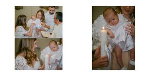 A collage of four photos capturing a baptism ceremony with a baby in white clothing and lit candles.