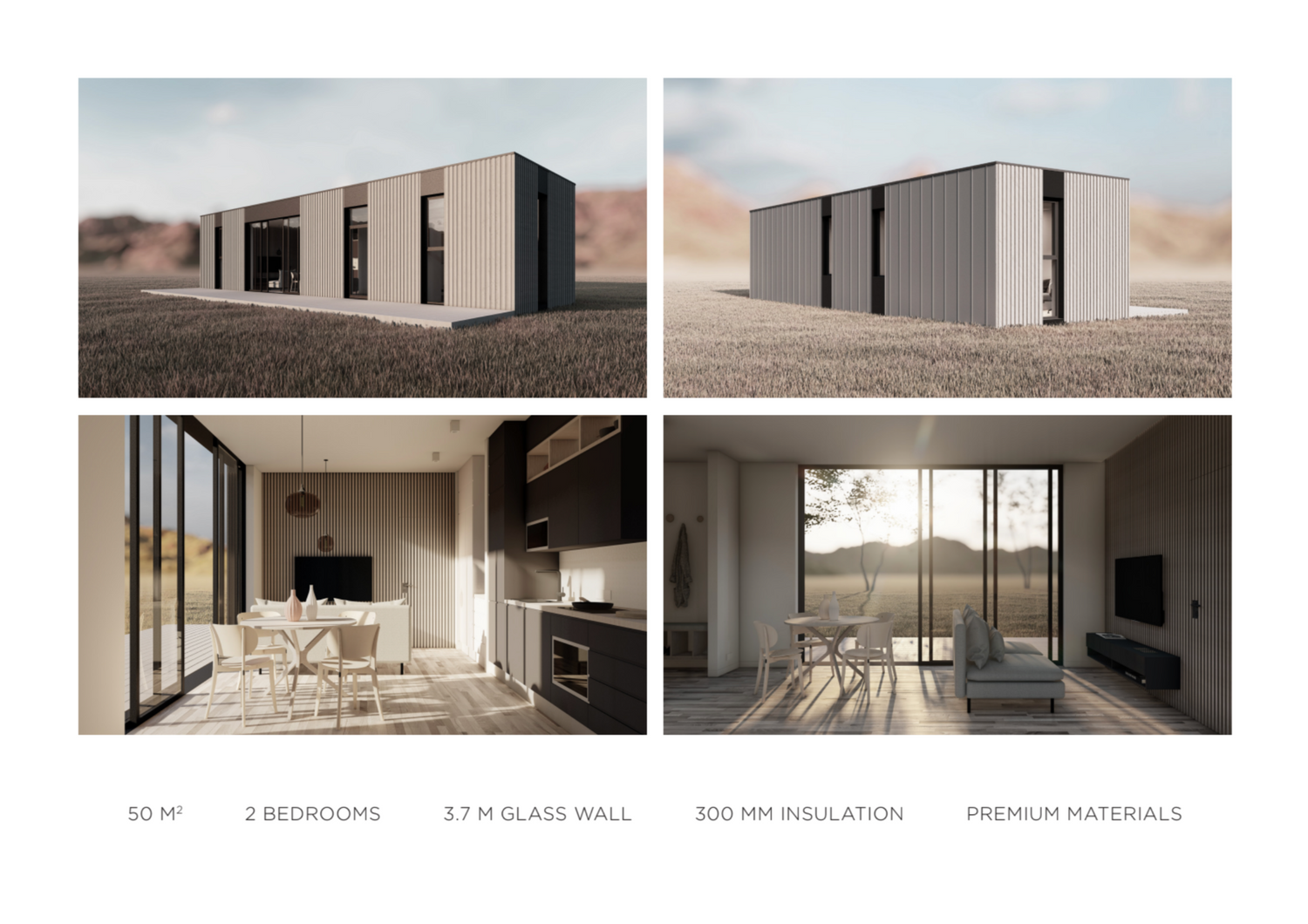 Contemporary prefab house with large windows featuring modern interior design and floating furniture elements.