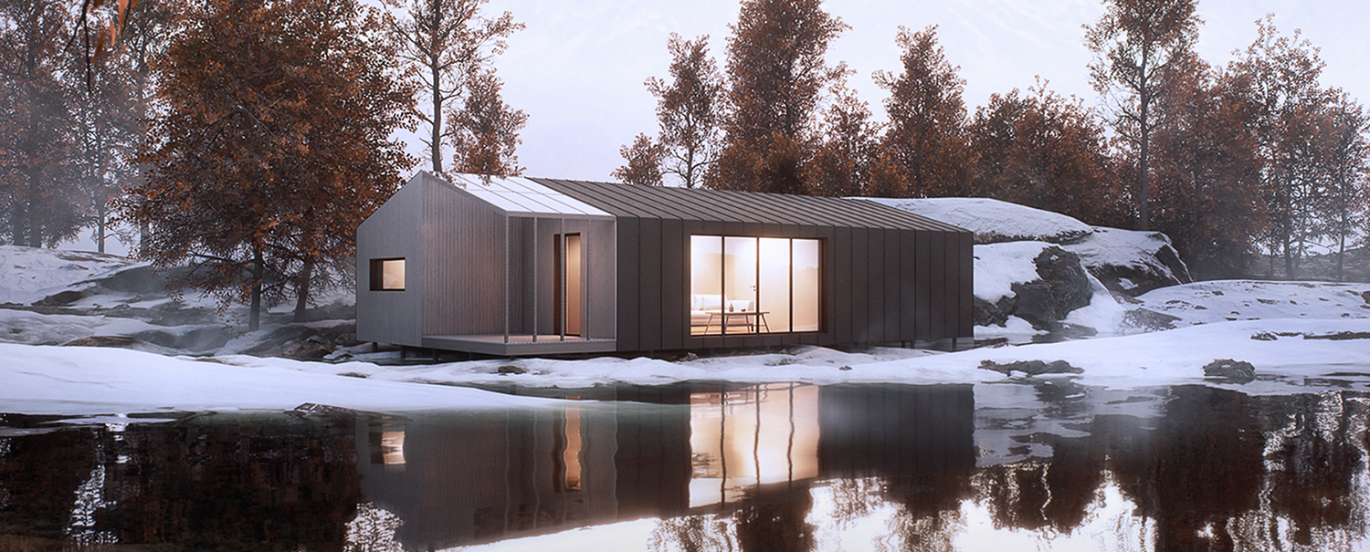 Modern hillside house with expansive glass windows overlooks a mountainous desert landscape at sunset.