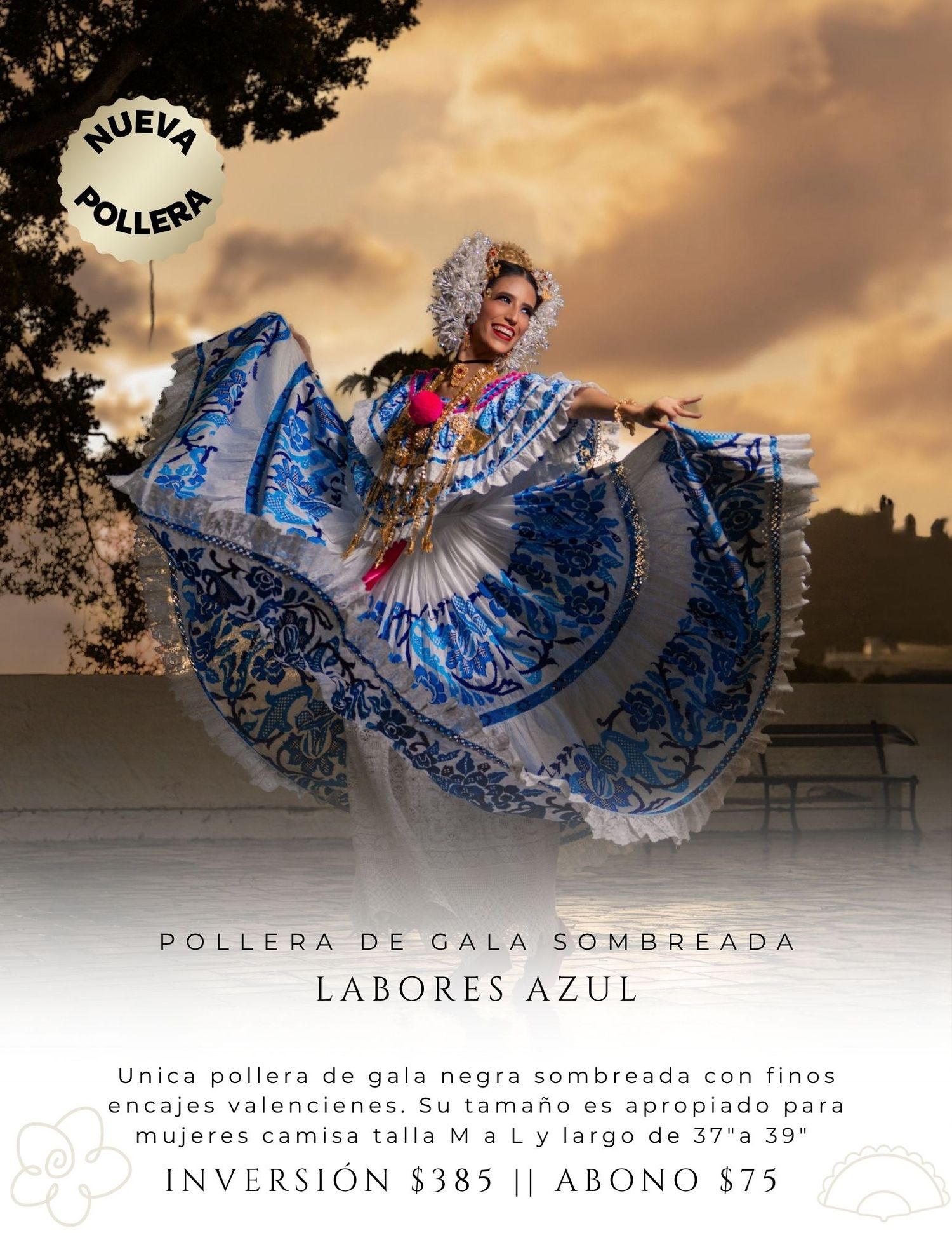 Mujer mostrando el vuelo de la pollera de gala durante sesión fotográfica tradicional