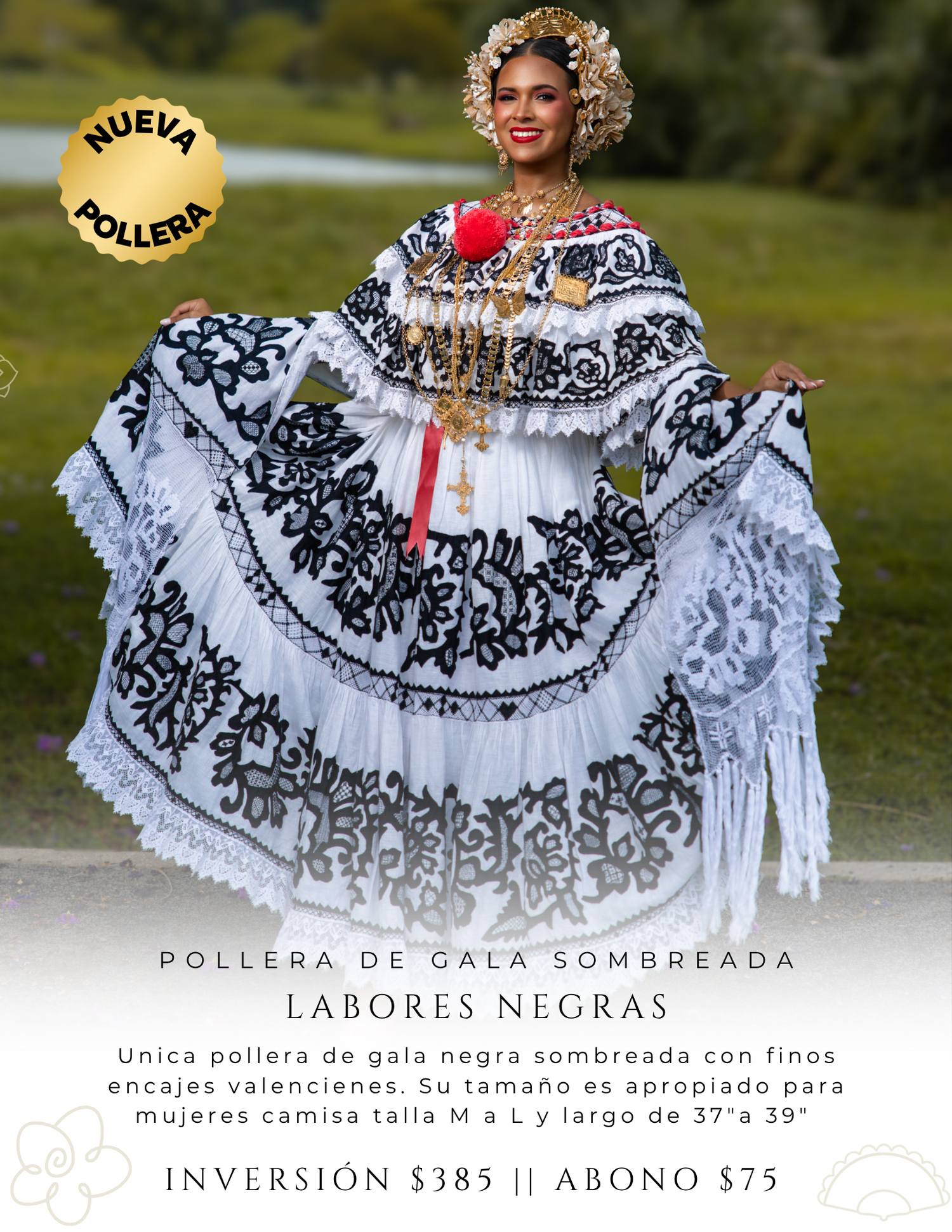 Mujer mostrando el vuelo de la pollera de gala durante sesión fotográfica tradicional