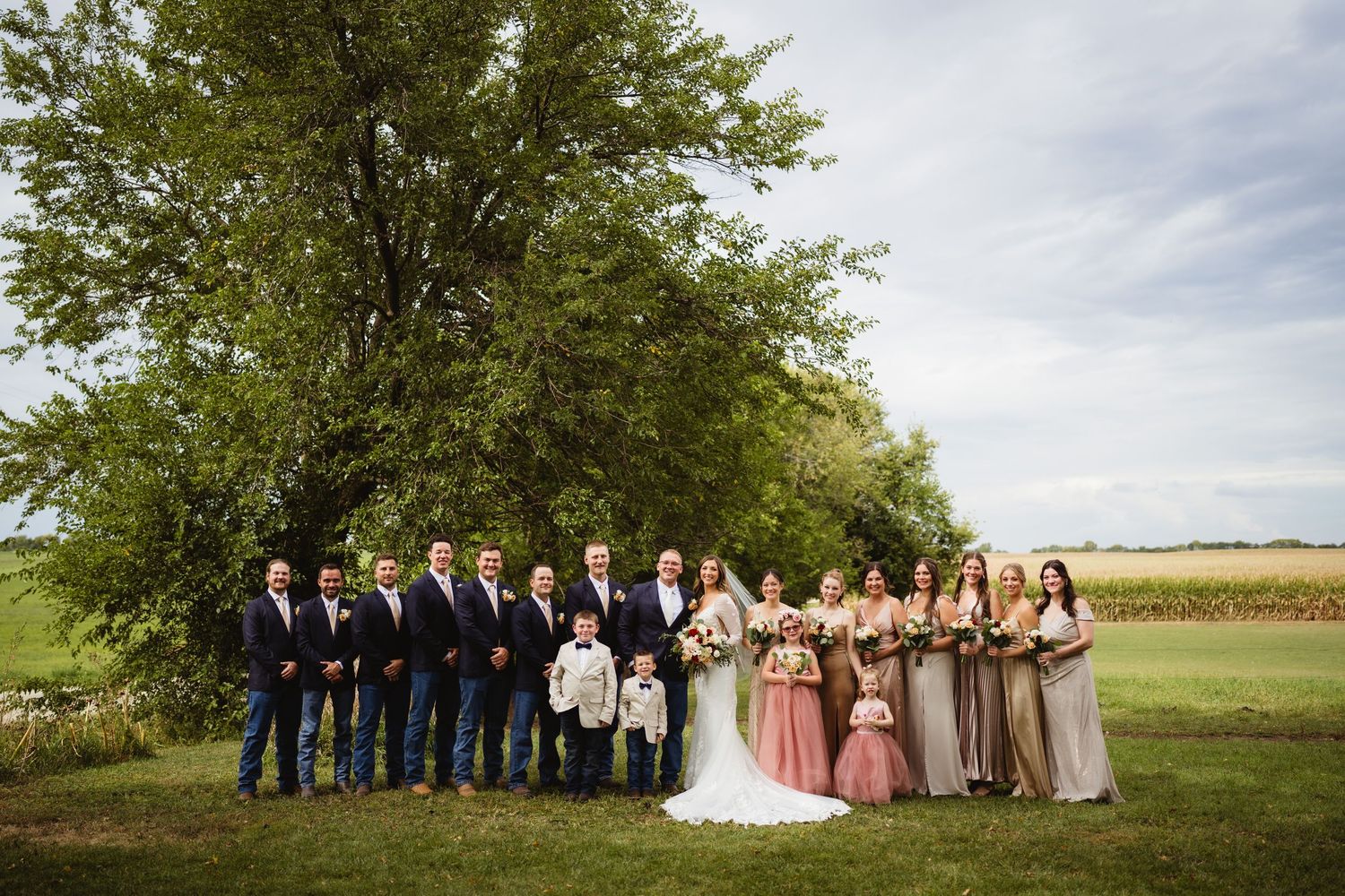 Wedding party poses together under a tree in an open field during sunset in this panoramic shot.