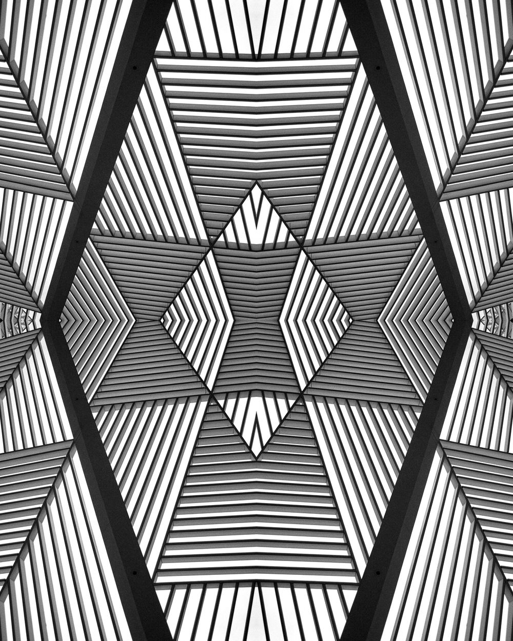 Abstract black and white geometric pattern with repeating diamond shapes and parallel lines creating an optical illusion effect.