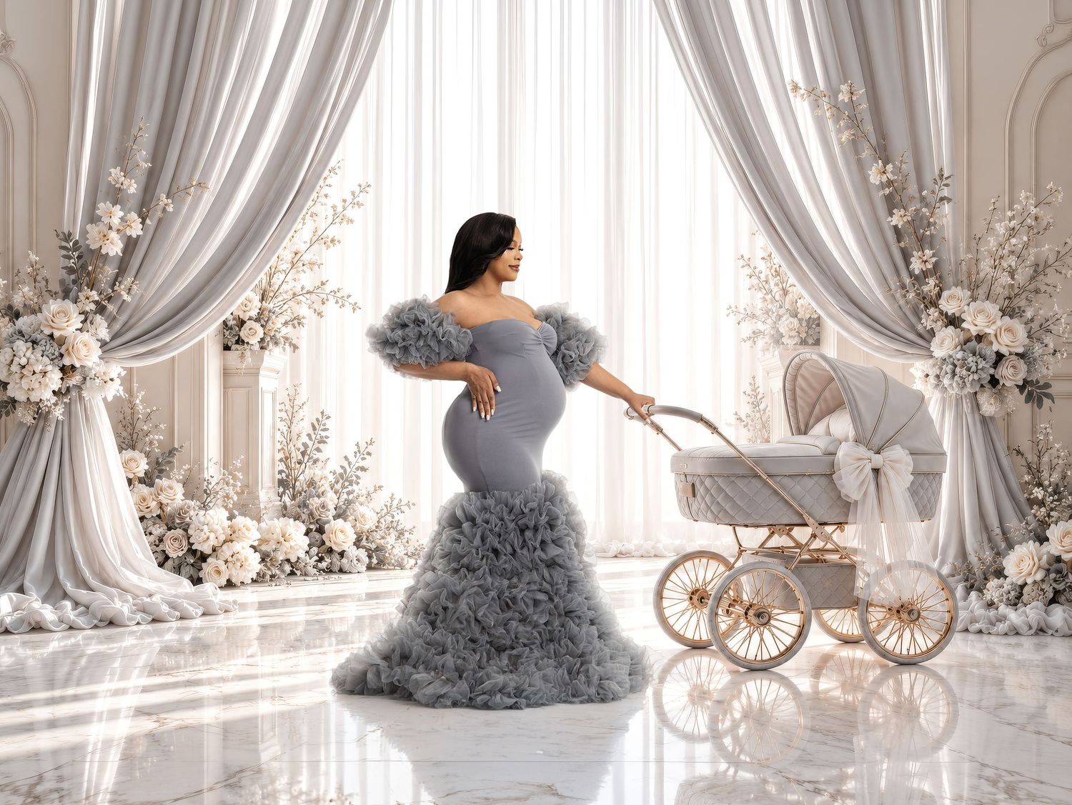Expectant mother in a red ruffled gown beside a window-light pattern on a grey studio backdrop.