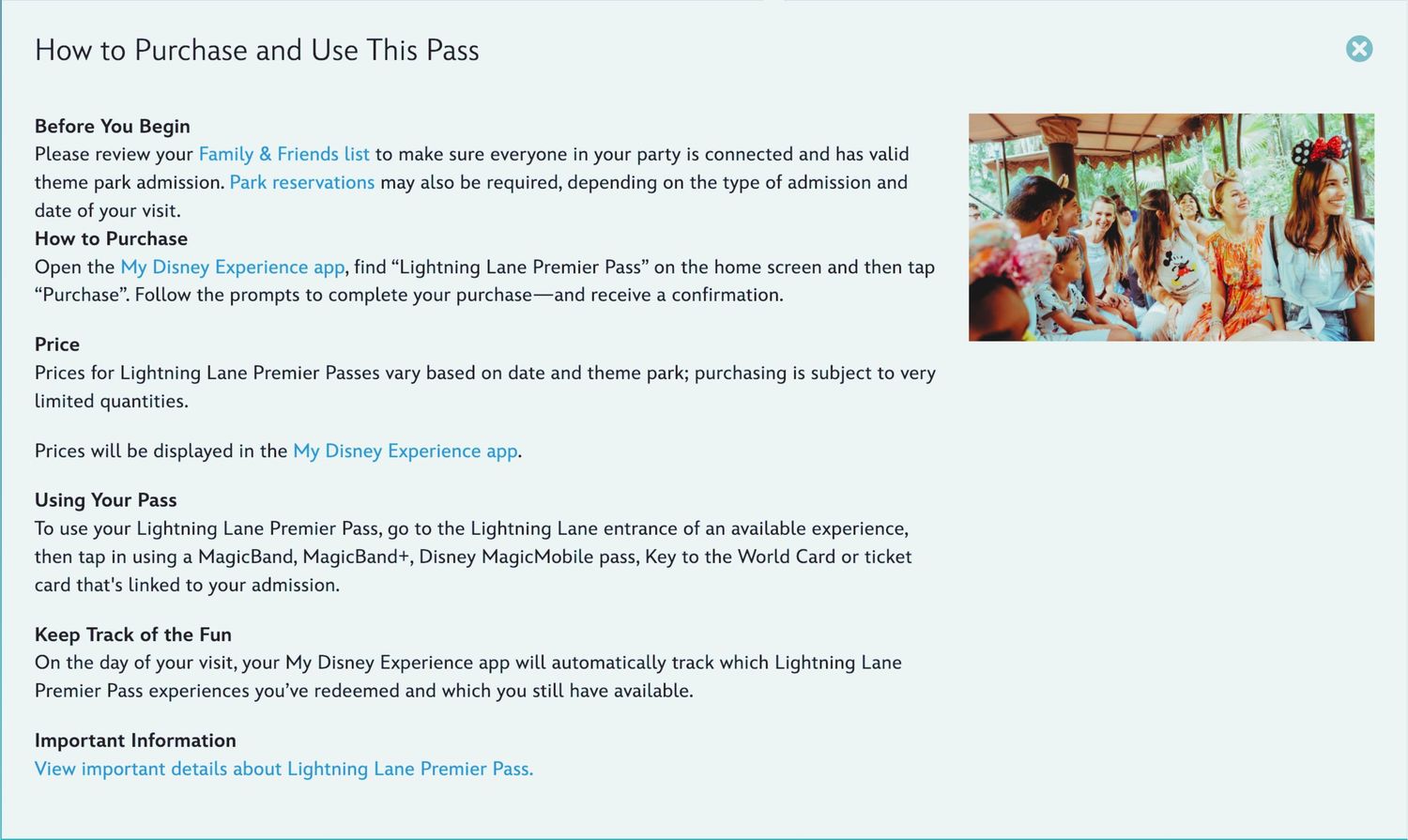 Instructions page detailing how to purchase and use Disney park passes with illustrated decorative elements.