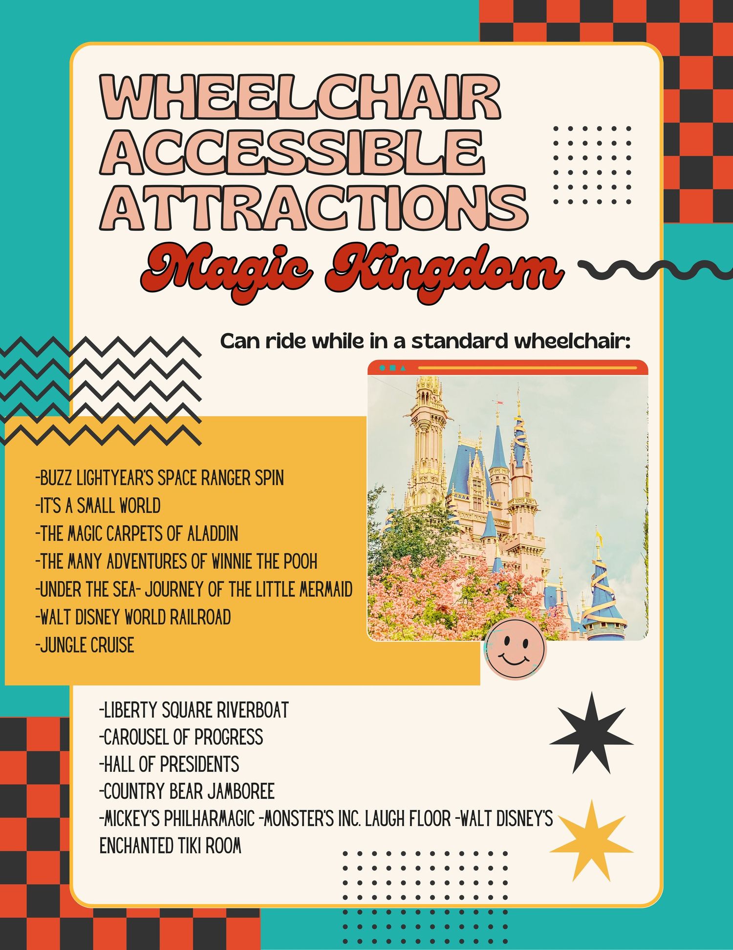 Magic Kingdom accessibility guide showing wheelchair-friendly attractions with retro-style castle illustration.