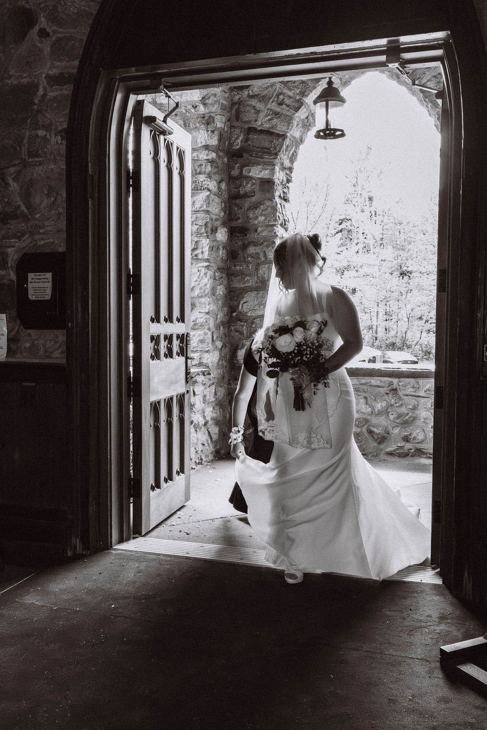 Bride waiting to walk down aisle at Cragsmoor stone church wedding ceremony in Hudson Valley NY