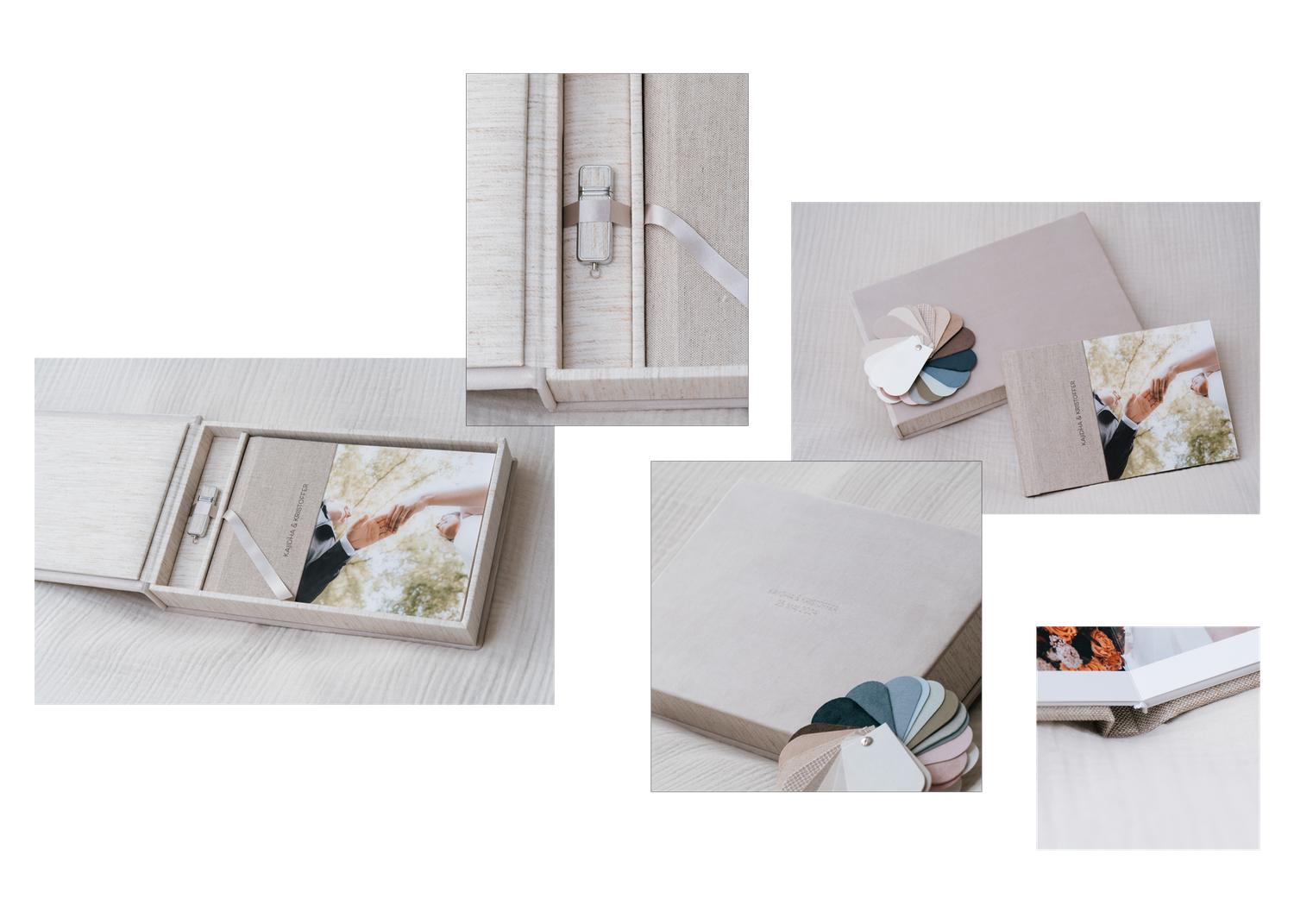 A series of minimal white photos showing unboxing and layout of a clean modern design product on neutral surfaces.