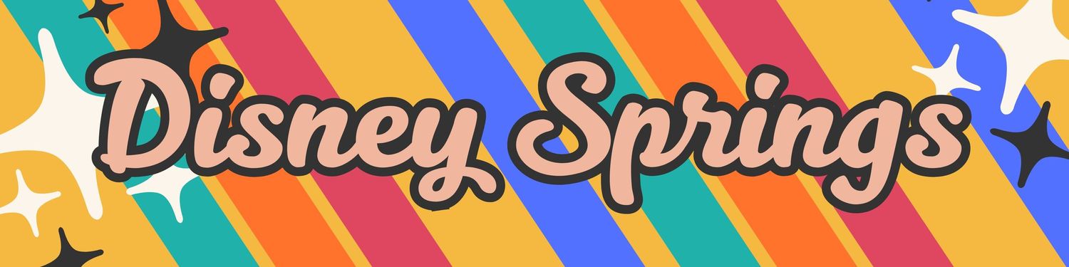 Disney Springs text logo on colorful striped retro background pattern.