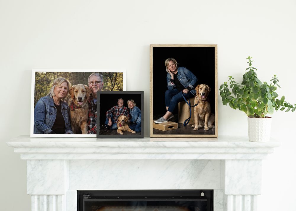 Three framed family photo portraits displayed on a white fireplace mantel with a decorative green potted plant.