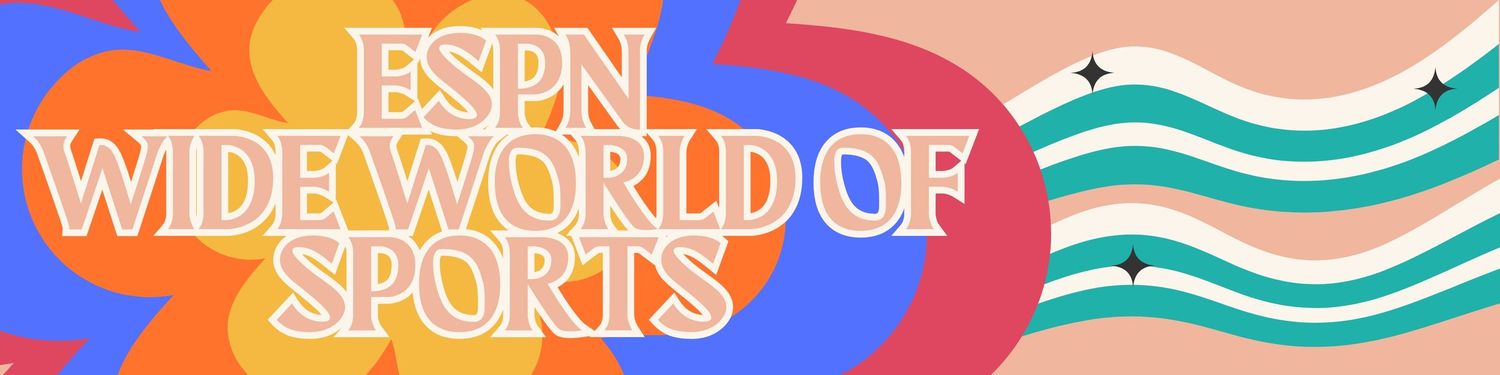 Retro-styled ESPN Wide World of Sports text banner with wave patterns in teal and coral.
